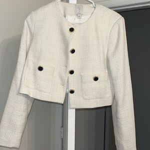 Cream Joie Cropped shoulder pad Blazer Jacket with black/gold buttons, size 8